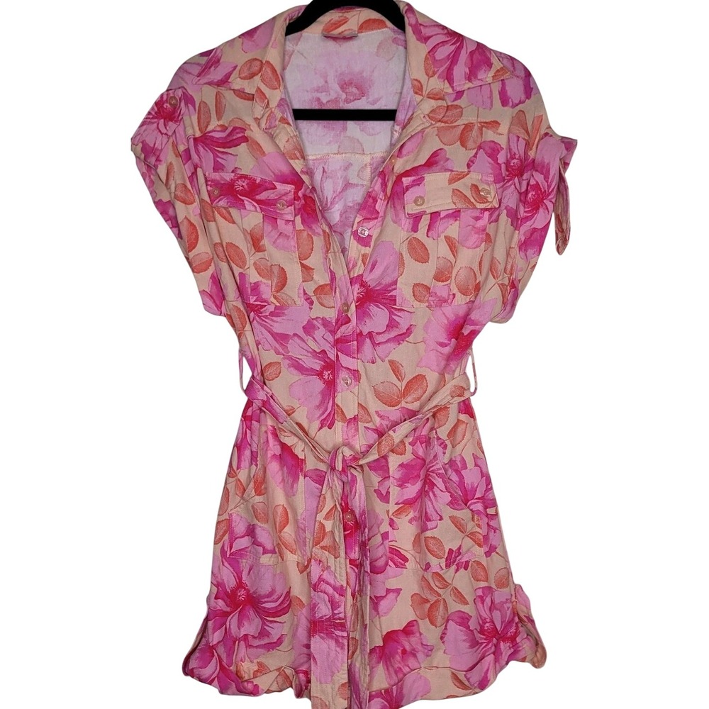 Buddy Love Women's Short Sleeve‎ Button Front Floral Romper Pink Belted M
